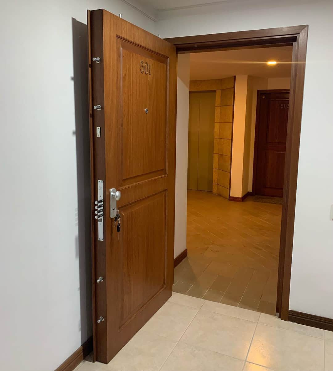 Puerta blindada de apartamento en madera con pasadores perimetrales visibles y cerradura de seguridad